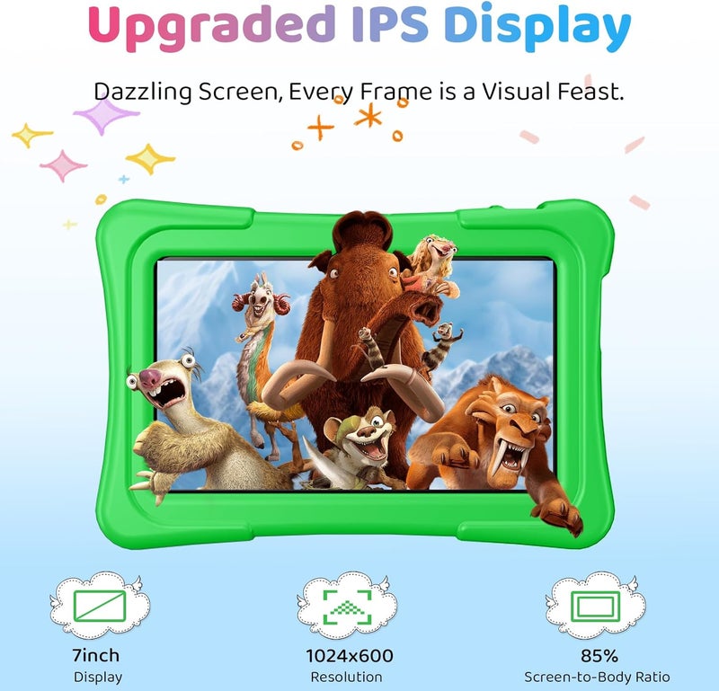 aiprotablet تابلت للأطفال، 7 بوصة أندرويد 15 تابلت للأطفال، 8GB+32GB 1TB قابل للتوسيع، تابلت للأطفال رباعي النواة مع غلاف مضاد للصدمات، BT5.0، واي فاي 5، تحكم أبوي، ألعاب، كاميرا مزدوجة (أخضر) - Image 2